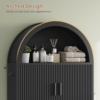 Itaar Arched Over The Toilet Storage Cabinet, 78.7" H Fluted Bathroom Organizer with Reversible Side Cabinet, Adjustable Shelves, Anti-Tipping, Hooks & Paper Holder for Bathroom Laundry Room, Black