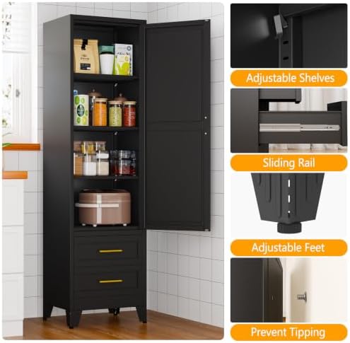 Ckzbx Tall Narrow Storage Cabinet, 66.93" H Tall Bathroom Cabinet Metal Pantry Cabinets with Drawers, 3 Adjustable Shelves, for Kitchen, Bathroom, Home Office, Living Room