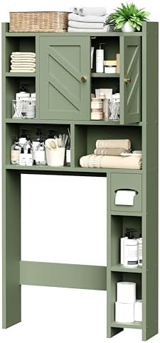 Over The Toilet Storage Cabinet, 64.6" Tall Bathroom Organizer Space Saver with Toilet Paper Holder & Adjustable Shelf, Freestanding Wood Cabinet for Small Space, Green