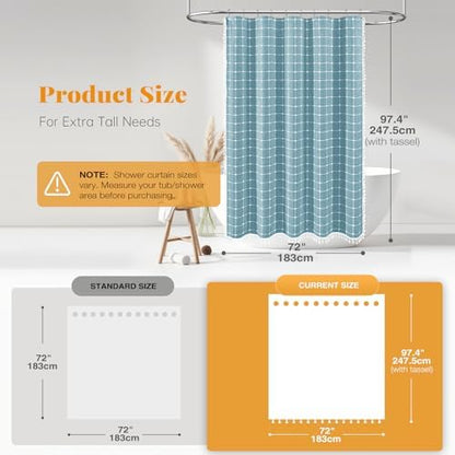 BTTN Extra Long Boho Farmhouse Linen Shower Curtain, 72x96, Turquoise/Teal
