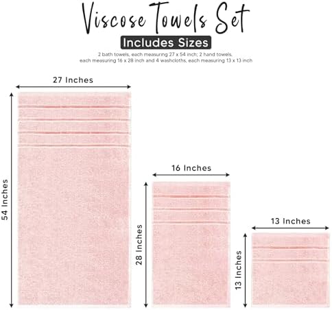 Luxury Pink Towel Set of 8-2 Bath Towels 2 Hand Towels 4 Washcloths - 600 GSM 100% Cotton Ring Spun Viscose Border Towels Set - Light Pink