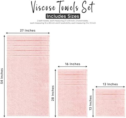 Luxury Pink Towel Set of 8-2 Bath Towels 2 Hand Towels 4 Washcloths - 600 GSM 100% Cotton Ring Spun Viscose Border Towels Set - Light Pink