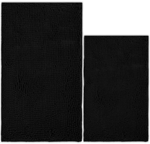 Bathroom Rugs Chenille Bath mat 2 Piece Set, Super Absorbent, PVC Non Slip Backing, Bath mats for Bathroom, Plush Shaggy, Thick, Machine Washable, Bathtub, Shower, Toilet.(Black)