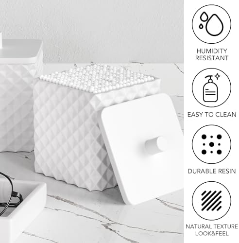 Bathroom Accessories Set Resin 6PCS, Square Toothbrush Holders Set Complete with Soap Dispenser, Vanity Tray, Tumbler, Cups and Cotton Swab Jars (White Diamond, Resin Bath 6 PCS)