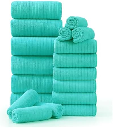18 Piece Family Bath Towel Set Include 6 Bath Towels,6 Hand Towels and 6 Washcloths Soft Bathroom Towel with Hanging Loops,Highly Absorbent Quick Dry Towels Set for Bathroom,Hotel and Spa- Dark Cyan