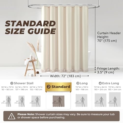 Linen Shower Curtain Boho Beige Shower Curtain with Tassels 72"W x 72"L