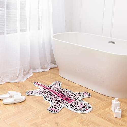 Pink Leopard Bath Mat Non Slip Absorbent Cartoon Rugs 39.3x25.5in