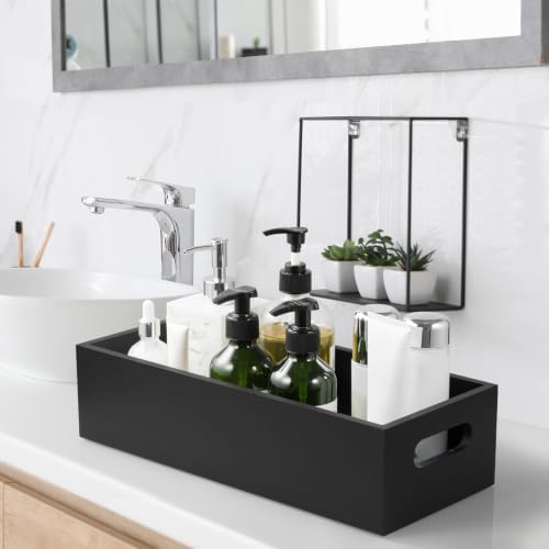 ALELION 15 Inch Black Wood Bathroom Storage Basket with Handles, Toilet Paper Basket for Back of Toilet Tank Top, Wooden Organizer Tray for Bathroom Countertop, Vanity, Kitchen, Pantry, Laundry Room