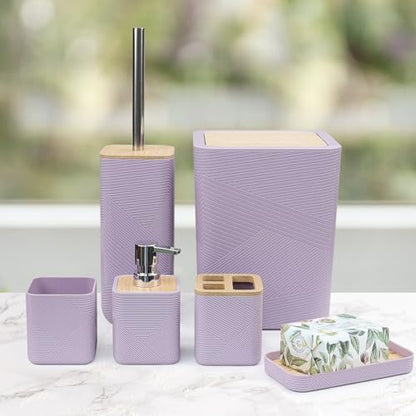 CERBIOR Bamboo Bathroom Accessories Set 6 PCS Square Spiral Bath Set,Purple