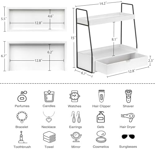 2-Tier Bathroom Countertop Organizer with Drawer, Wood Vanity Shelf White