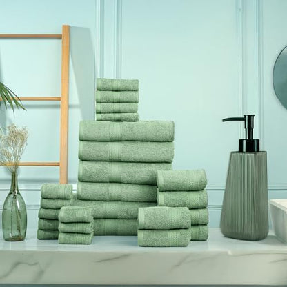 HILLFAIR 100% Cotton 24 Piece Bath Towels Set for Bathroom - Sage