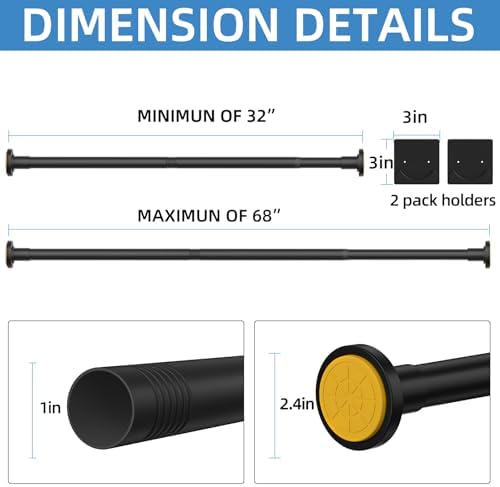 CorkLatta Matte Black Shower Curtain Rod,1 Inch Diameter Stainless Steel Adjustable Spring Tension Rods 32 to 68",with Holders,Anti-Slip,Curtain Rods No Drilling(1 Pack)