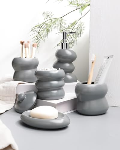 Bathroom Accessory Set 5PCS, Ceramic Bathroom Accessories Set, Irregular Shape Small Bathroom Sets Accessories Complete, Home Apartment Minimalist Decor Vanity Countertop, ANTIS'S HOME (Grey)