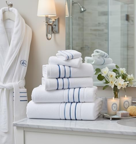 Bath Sheet Towel for Bathroom – Luxury 1-Piece Cotton Towels (70''x35''), Soft Absorbent & Quick Dry, 600 GSM Bath Towels for Bathroom, Hotel Spa Quality (White/Blue Azure, 1-Bath Sheet)