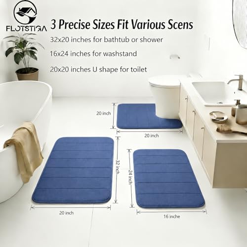 Memory Foam Bath Mat Set 3 Piece，Super Soft Absorbent Bathroom Rug Non Slip, Quick Dry,Machine Wash, Perfect Plush Bathroom Rugs,Home Decor Accessories,Deep Blue