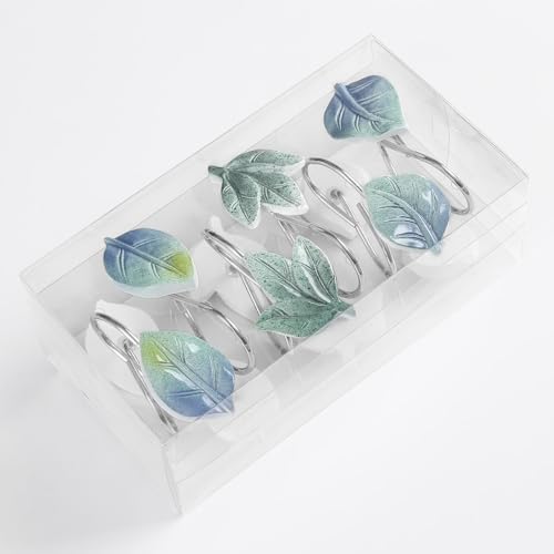 Blue Plant Leaf Shower Curtain Hooks,Eucalyptus Bathroom Decor,12PCS