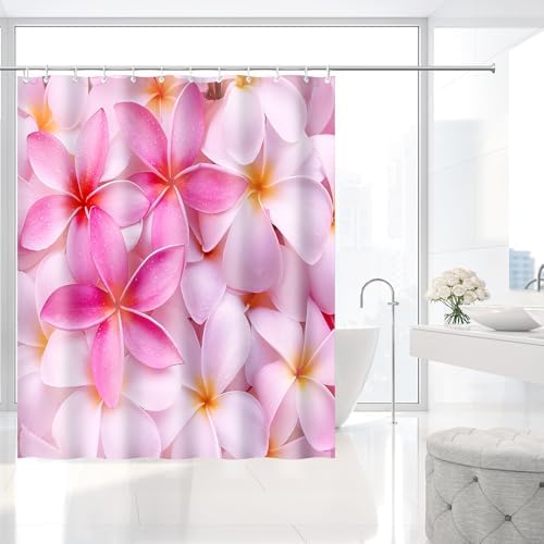 Pink White Plumeria Tropical Flower Shower Curtain with Hooks 72 x 72 Inch