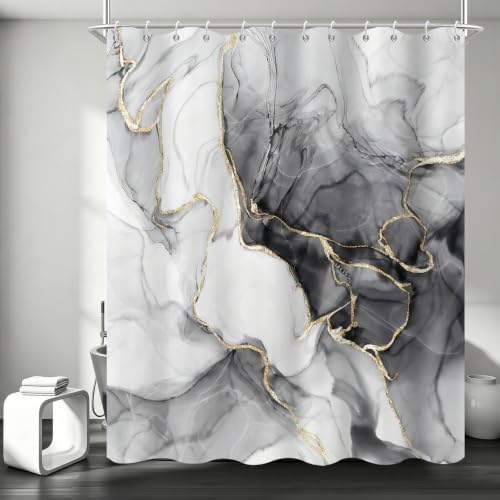 Black Marble Shower Curtain Modern Abstract Luxury Gold Ink Texture Gray Ombre Watercolor Bathroom Curtain Set with Hooks Soft and Lightweight Waterproof Fabric Machine Washable 36" Wx72 L