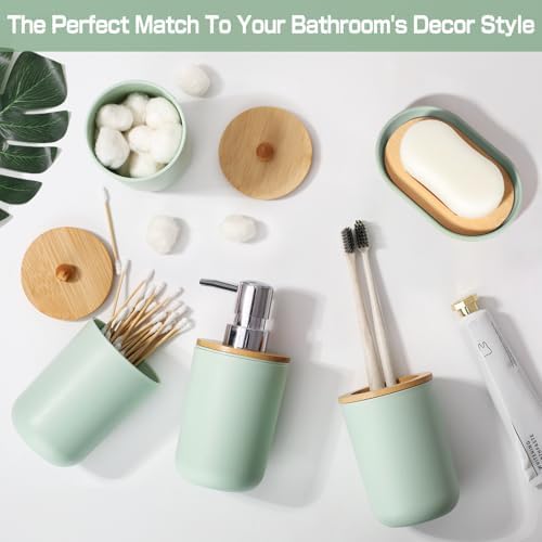 Green Bathroom Accessories Set 5 Pcs, Plastic Sage Green Bathroom Decor, Lotion Soap Dispenser and Toothbrush Holder Set, Qtip & Cotton Ball Holder, Green Bathroom Set, Boho Bathroom Decor