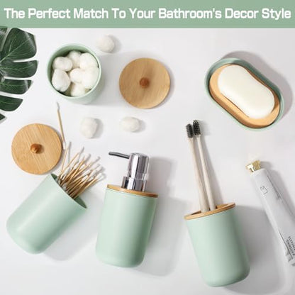 Green Bathroom Accessories Set 5 Pcs, Plastic Sage Green Bathroom Decor, Lotion Soap Dispenser and Toothbrush Holder Set, Qtip & Cotton Ball Holder, Green Bathroom Set, Boho Bathroom Decor