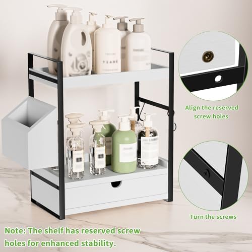 2-Tier Bathroom Counter Organizer, Wooden Vanity Shelf with Drawer & Basket