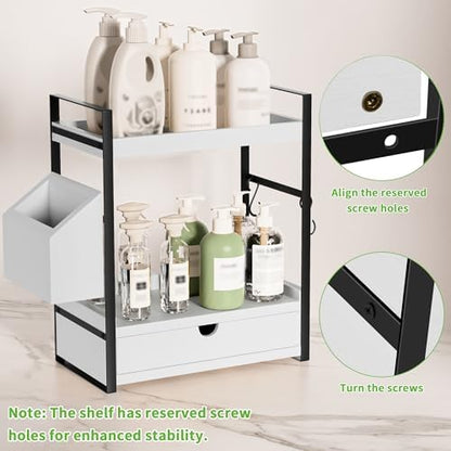 2-Tier Bathroom Counter Organizer, Wooden Vanity Shelf with Drawer & Basket