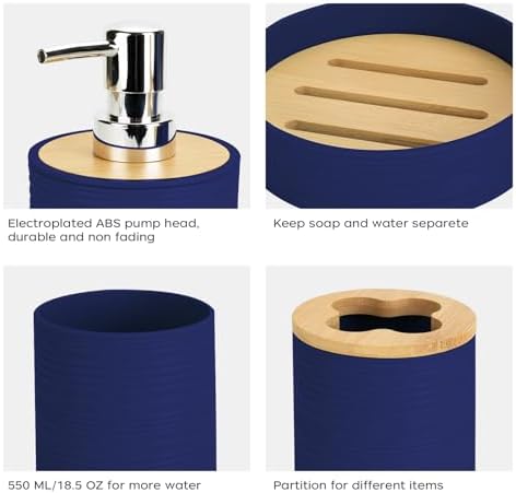 4Pcs Navy Blue Bathroom Set, Soap Dispenser, Dish & Bamboo Holder, Rustic