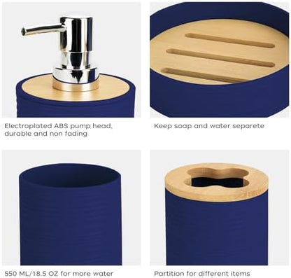 4Pcs Navy Blue Bathroom Set, Soap Dispenser, Dish & Bamboo Holder, Rustic