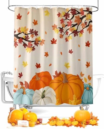 Shower Curtain Bathroom Set Fall Thanksgiving Pumpkin Maple Leaf Waterproof Shower Curtains with Grommets Hooks Orange Gradient Privacy Bath Curtain for Bathtub Decor 72x72in