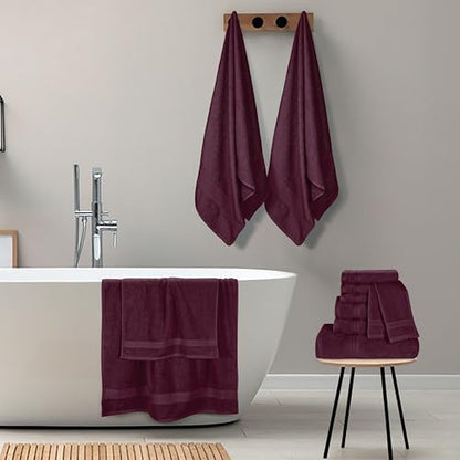GLAMBURG Ultra Soft 24-Piece Towel Set - 100% Pure Ringspun Cotton, Contains 8 Oversized Bath Towels 27x54, 8 Hand Towels 16x28, 8 Wash Cloths 13x13 - Ideal for Everyday use, Hotel & Spa - Burgundy