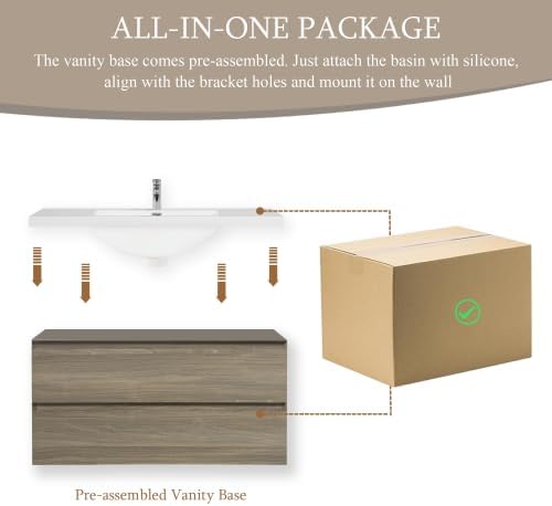 KEIKI 42'' Wall-Mounted Bathroom Vanity with Sink - Floating Design, 2 Soft-Close Drawers & Resin Basin, Space-Saving for Small Bathrooms, Ash Grey