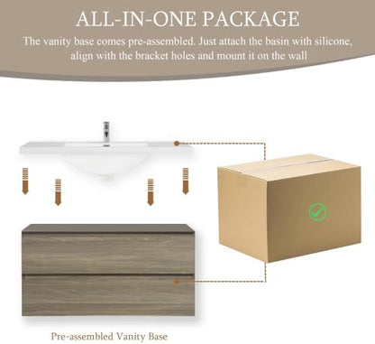 KEIKI 42'' Wall-Mounted Bathroom Vanity with Sink - Floating Design, 2 Soft-Close Drawers & Resin Basin, Space-Saving for Small Bathrooms, Ash Grey