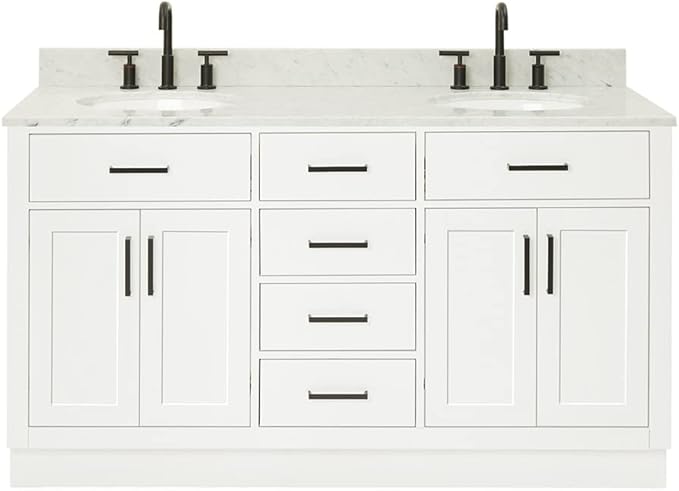 ARIEL Hepburn 60-inch Bathroom Vanity with Sink,Solid Wood, 0.75-inch Italian Carrara Marble Countertop & Backsplash, Double Oval Porcelain Sink, 4 Soft Closing Doors, 6 Dovetail Drawers, White