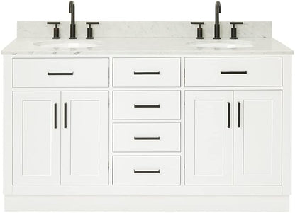 ARIEL Hepburn 60-inch Bathroom Vanity with Sink,Solid Wood, 0.75-inch Italian Carrara Marble Countertop & Backsplash, Double Oval Porcelain Sink, 4 Soft Closing Doors, 6 Dovetail Drawers, White