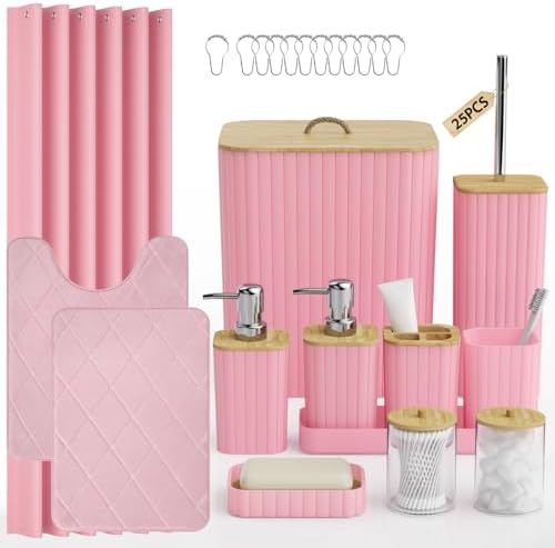 Bathroom Accessory Set - 25PC Bathroom Sets with Shower Curtain and Rugs, Pink Bathroom Set, Bathroom Accessories Set, Shower Curtain Sets with Rugs, Bathroom Trash Can & Soap Dispenser