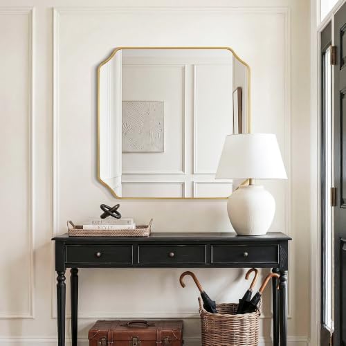 Delma Bathroom Vanity Mirror, Black Framed Aluminum Bathroom Mirror for Over Sink, Scalloped Round Corner Wall Mirror, High-Definition Vanity Mirror, Hangs Horizontally or Vertically (30x30,Gold)