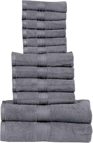 HILLFAIR Premium 100% Combed Cotton 12 Piece Bath Towels Set - Platinum