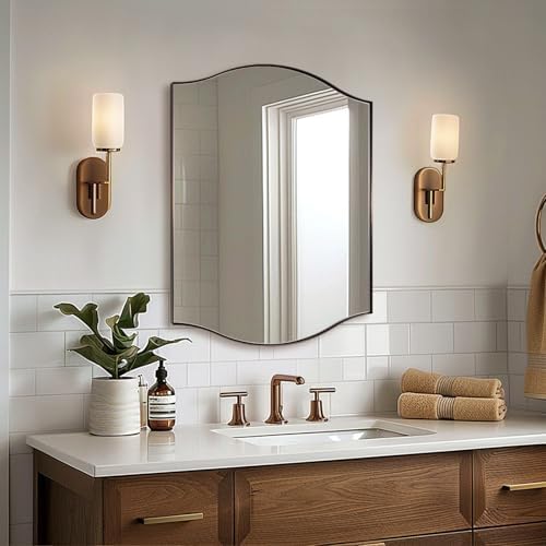 ANDY STAR 24"x30" Scalloped Mirror for Bathroom，Brushed Bronze Rectangle Wall Mirror with Curved Edge Stainless Steel Metal Frame, Wall-Mounted Mirror for Bathroom, Entryway, Living Room