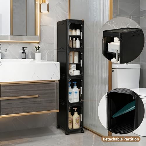 4-Tier Narrow Storage Cabinet Slim Bathroom Tall Skinny Organizer,Black