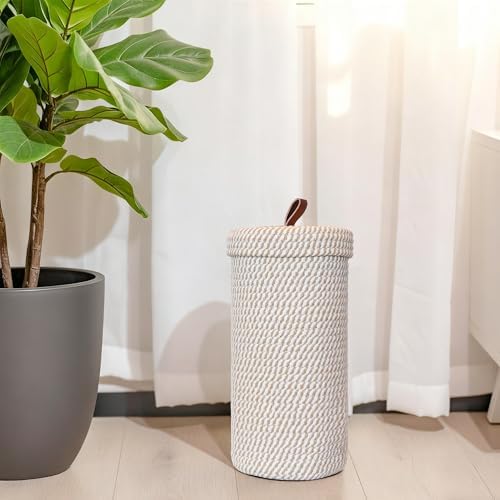 Toilet Paper Holder Handmade – Woven Cotton Toilet Paper Stand & Storage Basket with Lid, Freestanding Organizer for Bathroom, Fits 3 Mega Rolls Gradient Brown 14'' x 7''