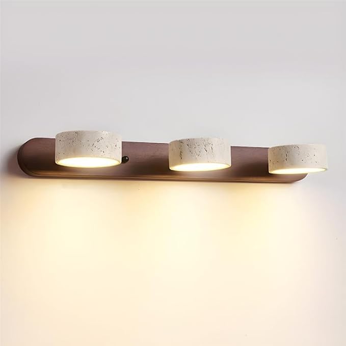Dark Wood Farmhouse Bathroom Vanity Light Natural Stone Shade | Travertine 3 Lights Linear Bathroom Wall Sconce Rotatable LED Wall Light Over Mirror - Walnut Color