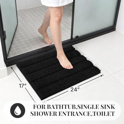 Bcoimo Small Bath Rug Mat,24x17 Chenille Non Slip Black Bathroom Floor Mats