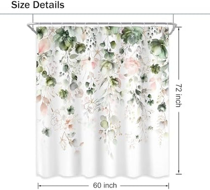 Summer Green Pink Floral Spring Eucalyptus Bathroom Shower Curtain Set