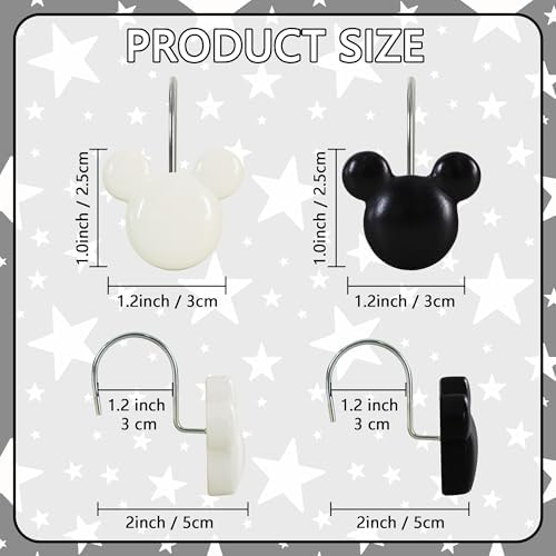 12-Piece Black White Mouse Shower Curtain Hooks for Bathroom
