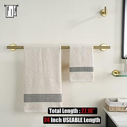 JQK Bathroom Hardware Set Gold, 5-Piece Bath Accessories Set Brushed Gold Wall Mount includes 24 in Towel Bar, 7 in Towel Ring, Toilet Paper Holder, 2 Towel Hooks, BAS165-BG