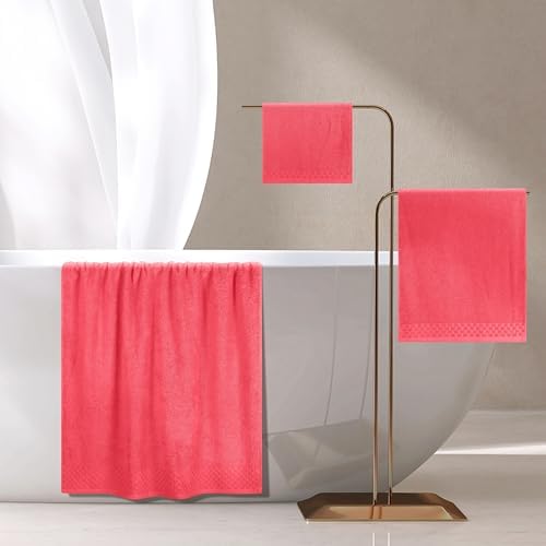 MyOwn Ultra Soft 3 Pack Cotton Towel Set, Contains a Bath Towels 28x55 inch, a Hand Towels 16x24 inch & a Wash Coths 12x12 inch, Ideal Everyday use, Compact & Lightweight - Coral Orange