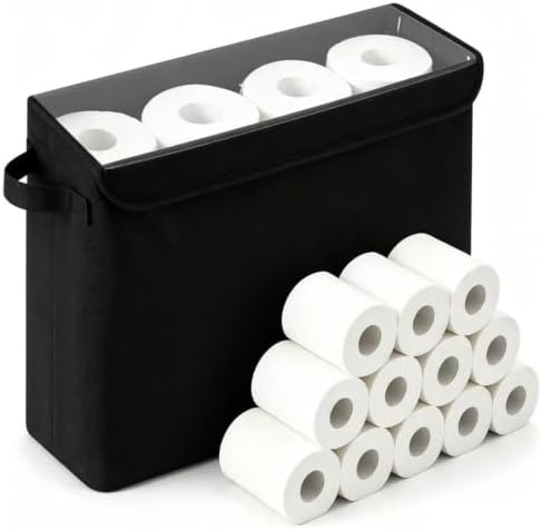 Cupic Cupid Bathroom Toilet Paper Storage - Toilet Paper Baskets with Lid, Holds 12 Regular or 9 Mega Rolls, Extra Cover Slim Tissue Holder Cabinet, Narrow Container Bin Organizer Box Black