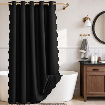 Furlinic Black Scalloped Shower Curtain No Hook Fabric Waterproof 72x96