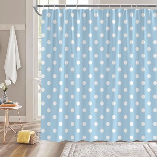 Polka Dot Shower Curtain Light Blue White Retro Spot Vintage Fabric Decorative Bathroom Curtains with Hooks,67" Wx70 H