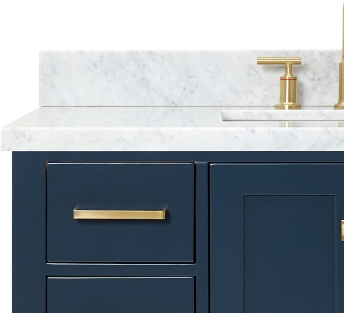 ARIEL Cambridge 42-inch Bathroom Vanity with Sink,Solid Wood, 1.5-inch Italian Carrara Marble Countertop, Single Rectangular Porcelain Sink, 2 Soft Closing Doors, 9 Dovetail Drawers, Midnight Blue